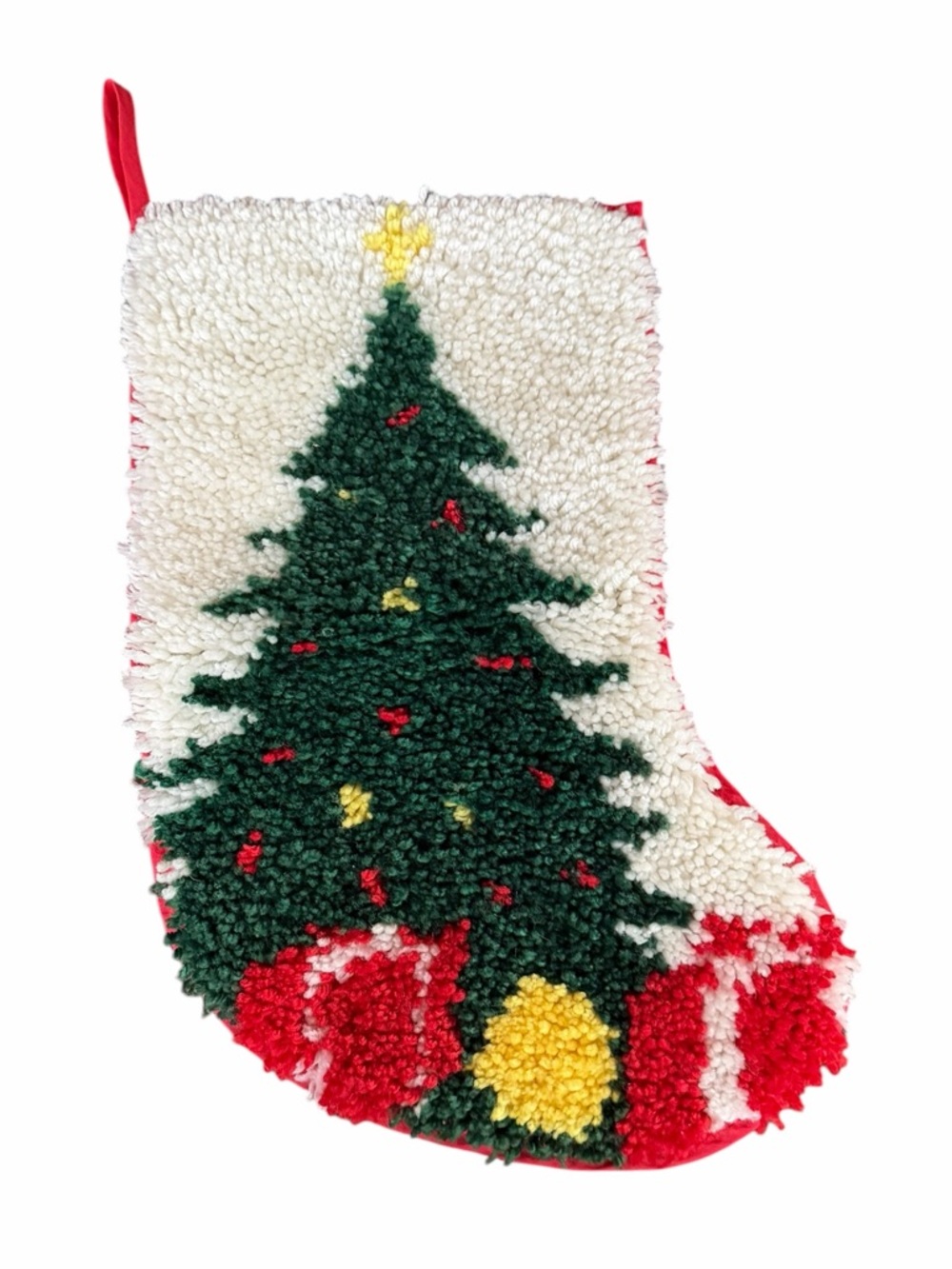1970s Like New 18.5” Long Latch Hook Christmas Tree Stocking